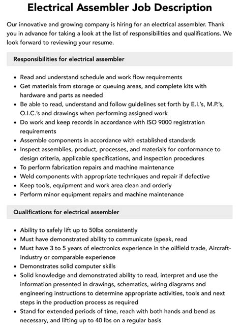 assemble electric box job partime|Electrical Wire Assembly Job Description .